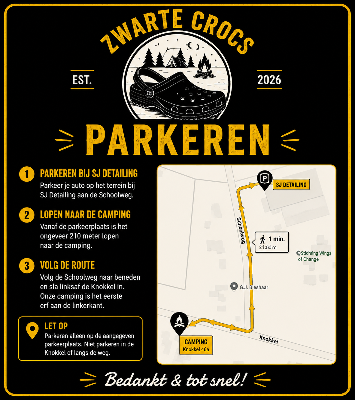 Parkeerroute vanaf SJ Detailing naar de Zwarte Crocs Camping